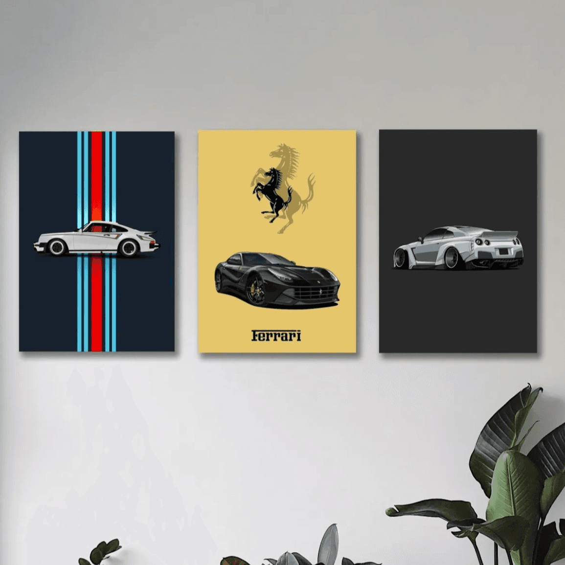 Supercar Triptych Metal Wall Art (Porsche, Ferrari, Nissan GT-R)
