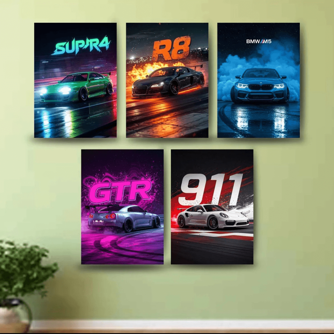 Neon Drift Sports Car Metal Poster Set (Supra, R8, BMW M5, GT-R, 911)
